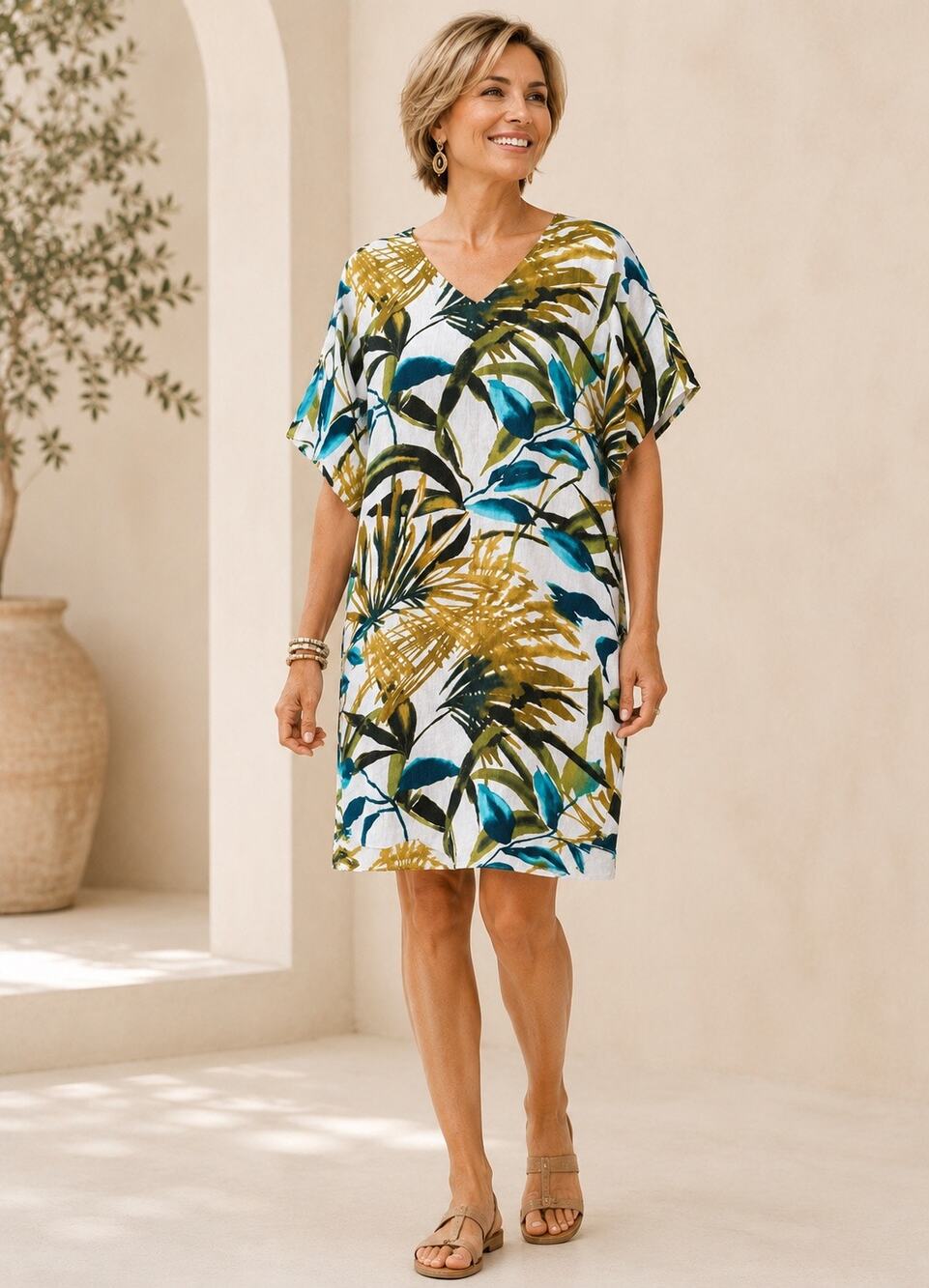 Chico’s Linen Wedge Dress Multi Palm Print Size 3 US 16/18 Lagenlook Resort NWT